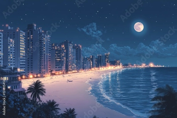 Fototapeta A nighttime city beach scene,anime or manga style. High-rise buildings line the shore, illuminated with soft, warm lights. The beach is a pale, sandy color, A moon hangs in the night sky