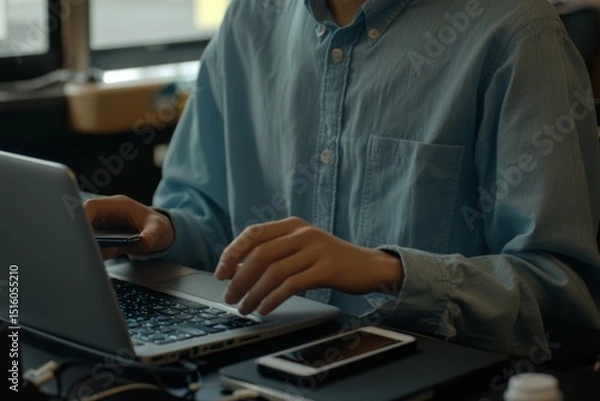 Obraz a man wearing wearing a light-blue, long-sleeved button-up shirt is typing on a silver laptop computer