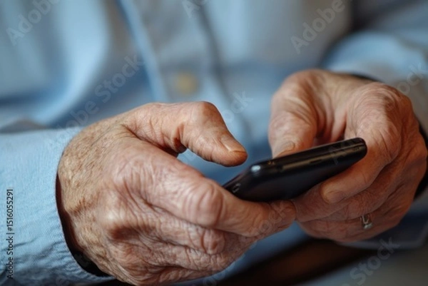 Obraz a man wearing wearing a light-blue, long-sleeved button-up shirt is typing on his smartphone