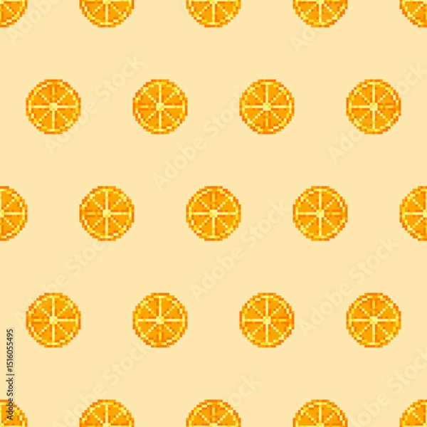 Fototapeta Bright seamless pattern with citrus slices in pixel art style. Fresh summer design with orange or mandarin for packaging, wrapping or textile.