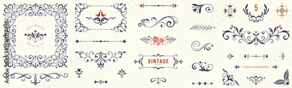 Fototapeta Ornate vector elements, frames, labels, scroll, logos, floral motifs. For wedding invitations, menu, branding, graphic design, packaging, stickers, business and greeting cards.