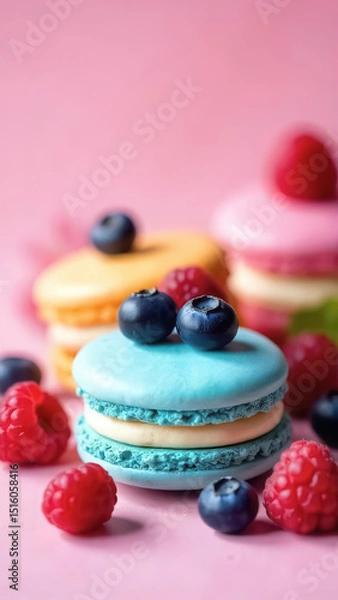 Obraz Multicolored macaroons with raspberries and blueberries on a light pink background