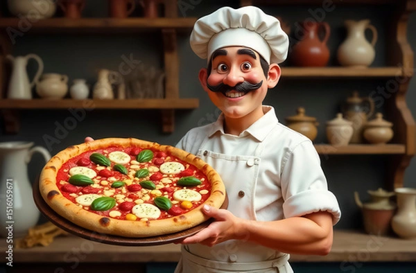 Obraz An Italian chef with a large freshly baked pizza in his hands stands in front of a rustic wooden backdrop decorated with vintage tableware and ceramic jugs.