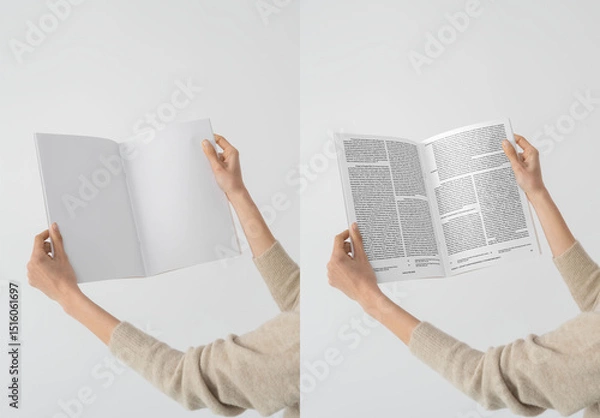 Fototapeta Mockup Of Woman Holding Customized A4 Magazine Open