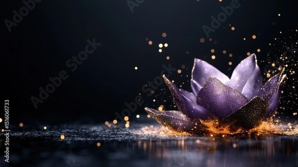 Fototapeta A stunning purple lotus flower emerges from a dark backdrop, surrounded by golden sparkles, symbolizing beauty, spirituality, and tranquility in art and nature.