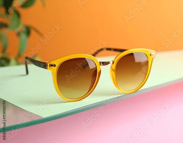 Fototapeta Amber-tinted sunglasses on a glass display with a pop of color