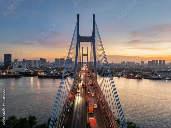 Fototapeta Stunning view of Phu My bridge at sunset over the Saigon River in Ho Chi Minh City, Vietnam