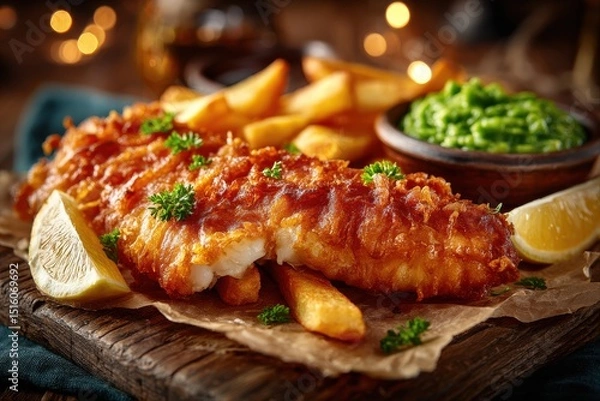 Fototapeta Delicious Fish and Chips. Crispy battered fish served with fries and peas.