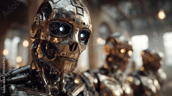 Fototapeta Robot Portrait. Close-up of a humanoid robot with metallic features and glowing eyes.