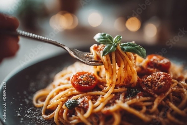 Fototapeta Delicious Pasta Dish with Cherry Tomatoes and Basil. A fork twirls spaghetti topped with fresh basil.