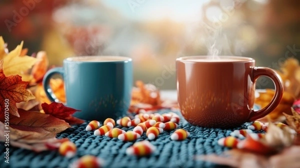 Fototapeta Two steaming cups of coffee nestled among autumn leaves and candy, radiating comfort and warmth, portraying the cozy essence of fall and seasonal gatherings.