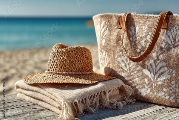Fototapeta Beach Essentials: Hat and Tote Bag on Seaside