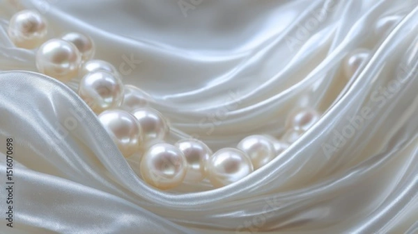 Fototapeta Elegant Pearls on Satin Fabric. Luxurious pearls resting on soft satin material, creating a sense of elegance and sophistication.