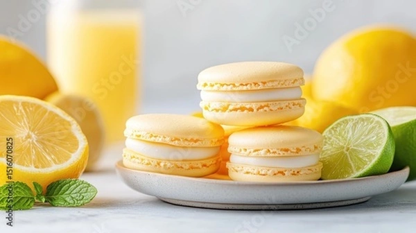 Fototapeta These delightful lemon macarons showcase a vibrant yellow hue, filled with a smooth creamy filling, perfectly embodying the zesty freshness of citrus fruits like lemon and lime.