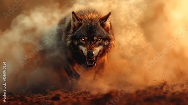 Fototapeta A fierce wolf charges through swirling dust and smoke, its glowing eyes conveying strength and determination, capturing the raw essence of the wild animal kingdom.