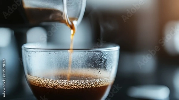 Fototapeta A close-up of steaming coffee being poured into a glass cup, illustrating the warmth and comfort of freshly brewed coffee in a cozy kitchen setting.