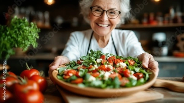 Fototapeta An elderly chef joyfully presents a colorful salad, embodying a passion for cooking and healthy eating, showcasing vibrant ingredients in a well-designed kitchen space.
