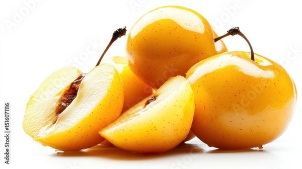 Fototapeta A vibrant cluster of ripe yellow apples, some cut in half to showcase their juicy interior, inviting you to savor the fresh taste of nature's sweetness.