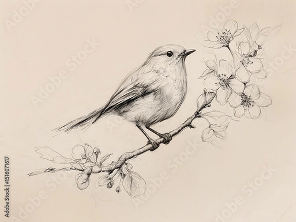 Obraz Vintage Robin Bird Print on Flower Branch