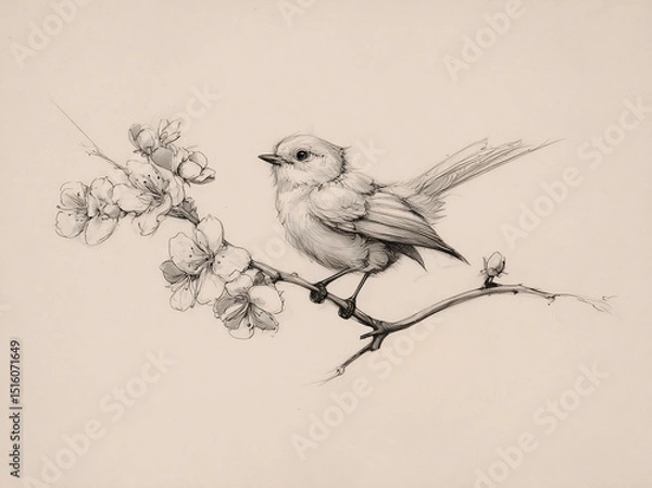 Obraz Vintage Bird Print on Flower Branch