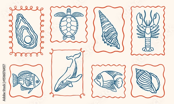 Fototapeta Underwater ocean creatures outline vector minimalist retro illustrations set with seashells, sea turtle, lobster, whale, fishes in whimsical frames