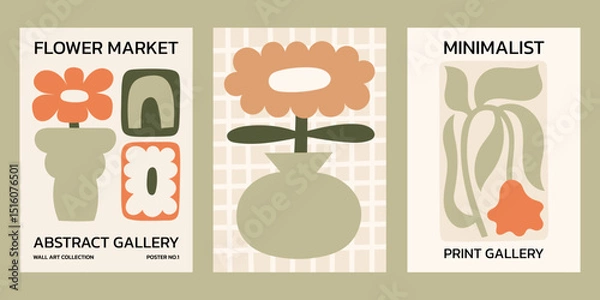 Fototapeta Neutral colors floral vector posters set. Minimalist print designs with flowers in vase, plants and abstract shapes illustrations. Flower market