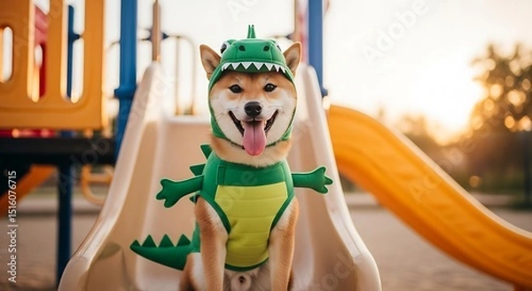 Obraz Adorable Shiba Inu in Dinosaur Costume on a Playground Slide