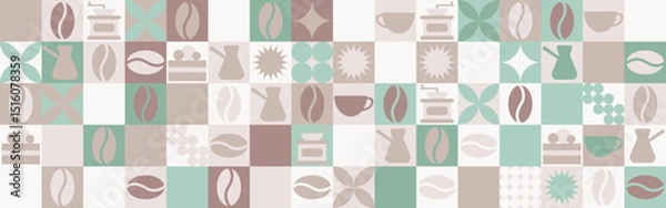 Obraz Coffee seamless background for textile and wallpaper with geometric shapes and coffee beans. Fashionable splash template with a cup in brown and green tones.