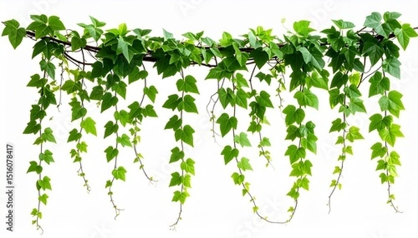 Fototapeta Curved jungle vine with vibrant green foliage, isolated PNG on transparent background, ideal for botanical illustrations and natural design elements