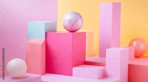 Obraz Colorful abstract 3D shapes composition on soft gradient pastel background for creative design concept modern scene digital playful