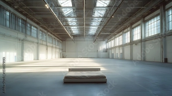 Fototapeta A bed in the middle of a large empty warehouse