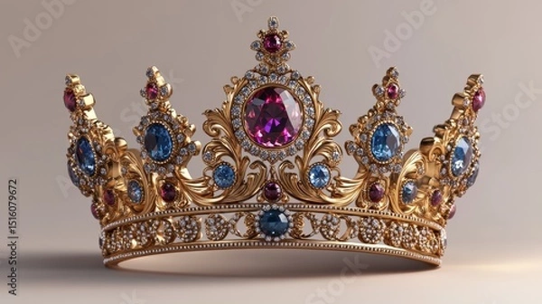 Fototapeta Elegant Golden Crown with Colorful Gems and Intricate Design