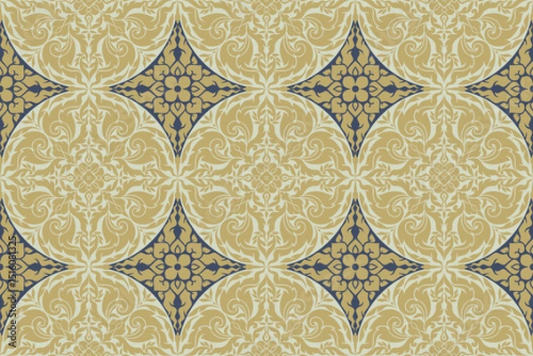 Fototapeta seamless traditional Thai art damask pattern motif suitable for wallpaper, textile, tile, clothing, curtain, blanket and fabric design isolated illustration vector archive EPS file.