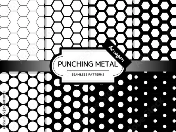 Obraz パンチングメタルのシームレスパターンのセット 六角形と丸