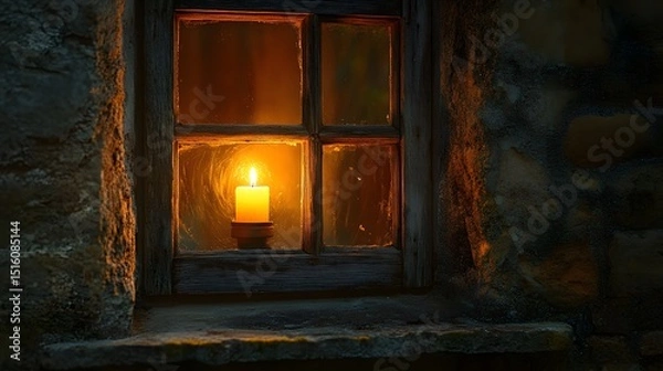 Fototapeta A window with a single candle glowing inside