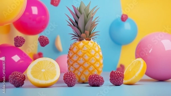 Fototapeta Colorful tropical fruit composition with balloons on yellow background for summer visuals photography bright freshness