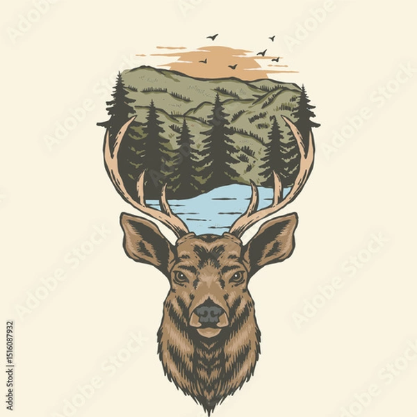 Fototapeta A unique Handrawn illustration of a deer head with a serene lake and mountain range reflected between its antlers, perfect for nature, wildlife, tshirt,stickers design, outdoor themed design 
