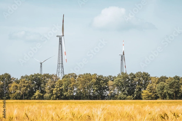 Fototapeta Wind Turbines with Wheat Field and Forest – Renewable Energy in Bramsche-Achmer, Germany