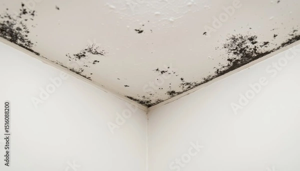 Fototapeta Mold growth on ceiling corner in empty white room  