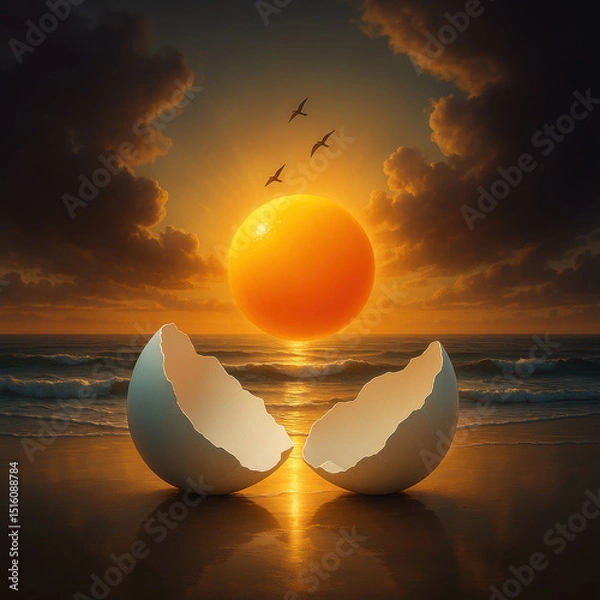 Fototapeta Surreal scene featuring two cracked eggshells beach sunset, with large sun resembling orange rising above ocean. sky is filled with clouds