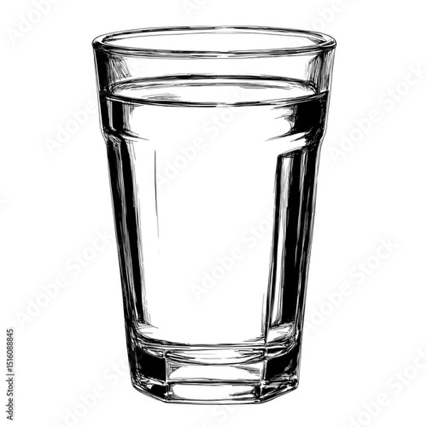 Fototapeta A glass of water with a shadow is depicted in an elegant black and white outline line art drawing