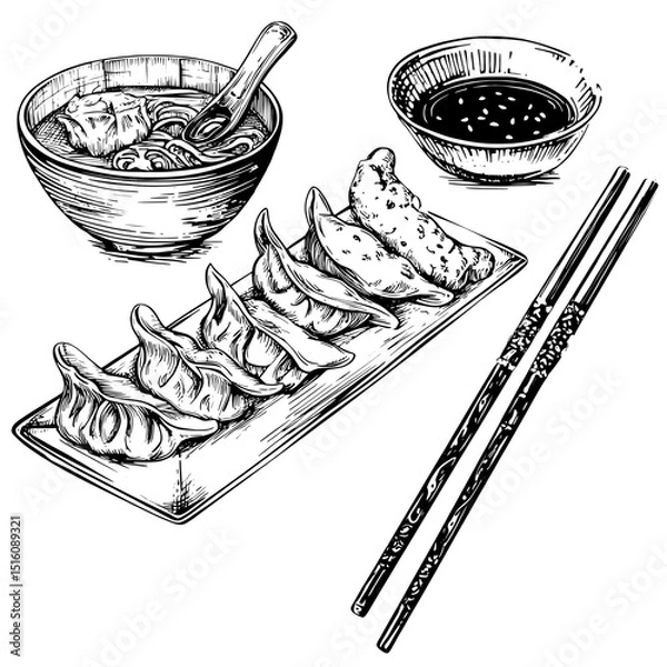Fototapeta Detailed illustrations of steamed dumplings on a white background make up the Dumpling Collection, a celebration of Asian cuisine and traditional recipes through culinary art