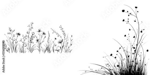 Fototapeta The illustration includes a grass line icon and meadow doodle outline design, along with a bush tuft, small lawn, and a black sketch plant with flowers, all isolated on a white background with a