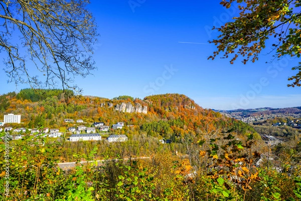 Obraz View of Gerhardstein Castle in Gerolstein. Historic Löwenburg Castle with the surrounding landscape in the Eifel region.
