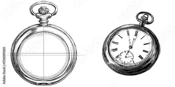 Fototapeta A pocket watch is depicted in a detailed close-up using black and white outline line art in an engrave style drawing