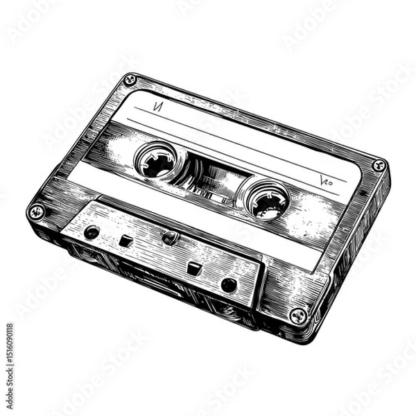 Fototapeta Detailed line art illustration in black and white of a cassette tape featuring a blank label