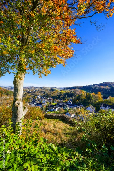 Obraz View of Gerhardstein Castle in Gerolstein. Historic Löwenburg Castle with the surrounding landscape in the Eifel region.
