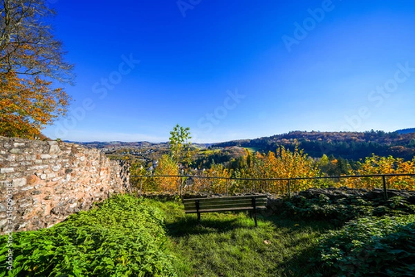 Obraz View of Gerhardstein Castle in Gerolstein. The historic Löwenburg castle with the surrounding landscape in the Eifel region.
