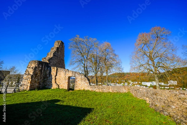 Obraz View of Gerhardstein Castle in Gerolstein. The historic Löwenburg castle with the surrounding landscape in the Eifel region.
