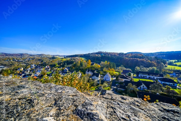 Obraz View of Gerhardstein Castle in Gerolstein. Historic Löwenburg Castle with the surrounding landscape in the Eifel region.
